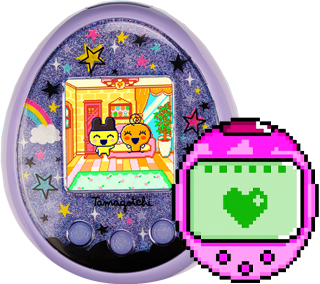 A purple Tamagotchi toy beside a pixelated drawing of the same toy.