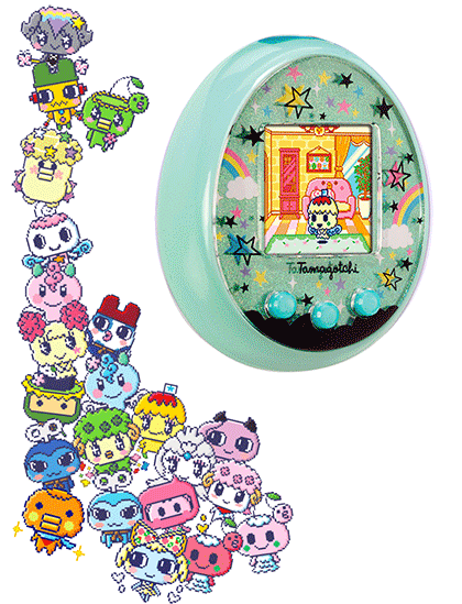 Several Tamagotchi characters surround a gif. The gif cycles through all the current colour options for Tamagotchi toys.